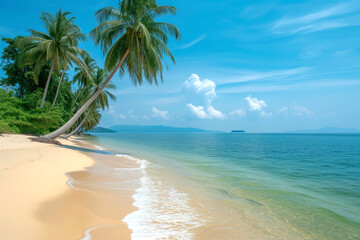 Serenity on a tropical beach with leaning palm trees, golden sands, gentle waves, and a clear blue sky with fluffy clouds