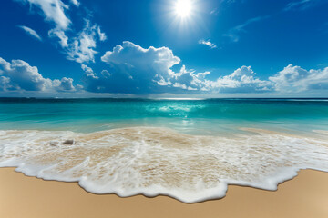 Stunning view of a sunny tropical beach with white sand, sparkling ocean water, and a bright blue sky with fluffy clouds