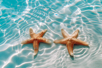 Fototapeta na wymiar A pair of starfish rest on the sunlit sandy bottom beneath clear, gentle ripples of water