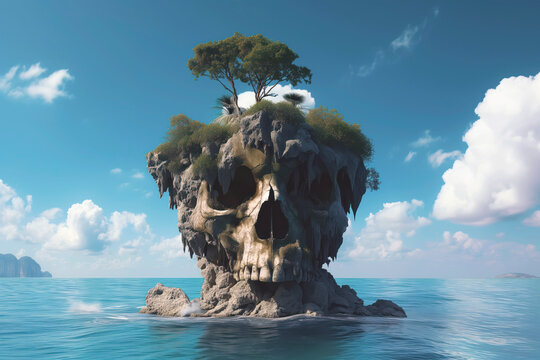 A natural island resembling a skull with lush greenery and a tree on top, surrounded by a tropical sea