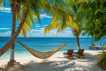 Tranquil beach scene with a hammock strung between palm trees, overlooking the calm blue sea