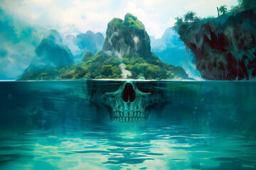 Artistic creation of a skull submerged in water with a mystical island backdrop, invoking suspense and fantasy