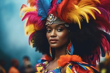 Vibrantly Adorned woman wearing carnival clothes.