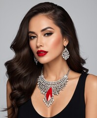 a woman with long hair and a red lip, wearing a black top and a necklace.