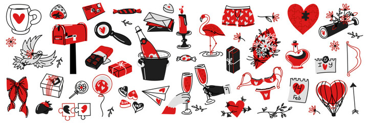 Doodle-style Valentine's Day set. Black and red linear outline. An isolated vector. Envelopes with hearts, keys and locks, bouquet, mail, champagne, sweets, bow and arrow, balloon and others
