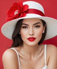 a woman wearing a white hat with a red flower on it. She is also wearing a red lipstick