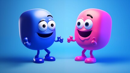 Obraz premium A pink and blue monsters with arms and legs cartoon character standing next to each other on a blue background.