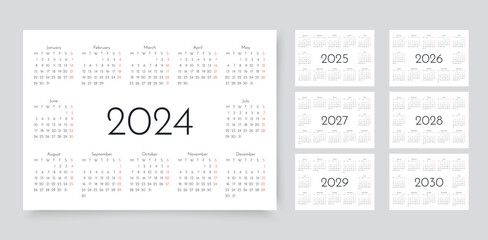 Calendar for 2024, 2025, 2026, 2027, 2028, 2029, 20230 years. Week starts Monday. Pocket wall calendars templates. Simple calender. Planner layout with 12 month. Yearly organizer. Vector illustration 