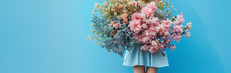 woman holding gigantic bouquet of beautiful spring flowers