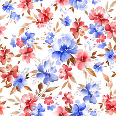 Seamless floral botanical pattern with watercolor abstract flowers and leaves. Seamless watercolor background