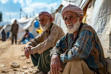 Fototapeta na wymiar Two old refugee men in a refugee camp border. World Refugee Day.