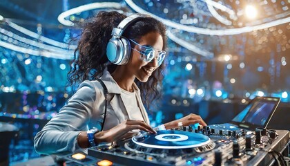 Futuristic robot DJ pointing and playing music on turntables. Robot disc jockey at the dj mixer and turntable plays nightclub during party. EDM entertainment party concept - obrazy, fototapety, plakaty
