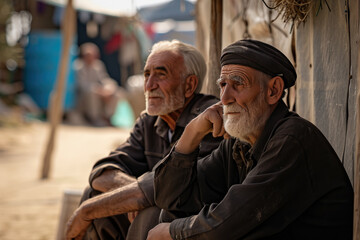 Fototapeta na wymiar Two old refugee men in a refugee camp border. World Refugee Day.