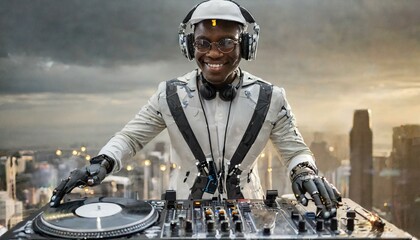Futuristic robot DJ pointing and playing music on turntables. Robot disc jockey at the dj mixer and...