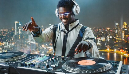 Futuristic robot DJ pointing and playing music on turntables. Robot disc jockey at the dj mixer and turntable plays nightclub during party. EDM entertainment party concept