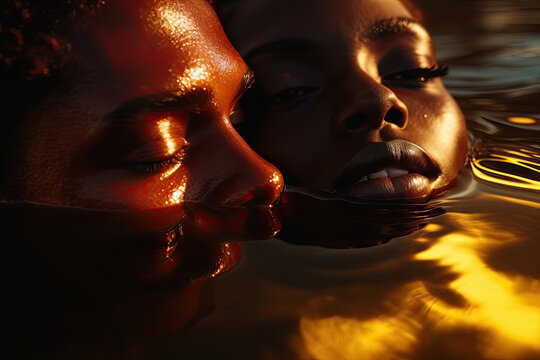 Two People Who Are Swimming In A Lake, In The Style Of Pop Colorism, Bold Colorism, Close-up Shots, Dark Amber And Light Amber,