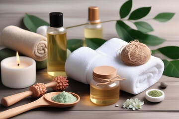 Spa composition with herbal compress balls, candles and towels on wooden background