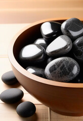 Fototapeta na wymiar bowl of black and white zen stones on wooden table, closeup
