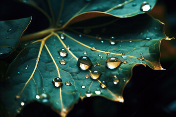 water droplets on a leaf shot by ali plk, in the style of dark teal and dark gold, peder mork monsted, dreamy symbolism, visually poetic,realism with fantasy elements