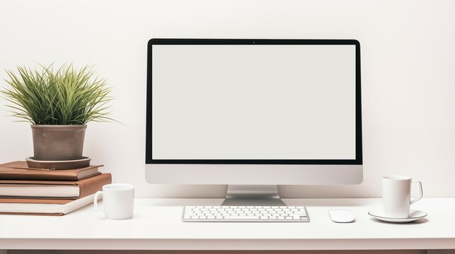 A blank screen on desktop computer on a white desk.