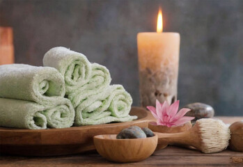 Spa still life with towels, candle and stones on wooden background