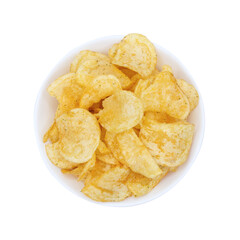 Top view of a white bowl full of potato chips isolated on a clipped PNG transparent background