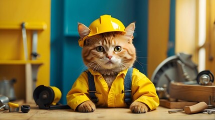 Funny creative banner for a construction company or work in process concept. A cat is wearing a yellow suit and a construction helmet of builder. Craftsman on the white background.