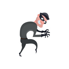 Cartoon thief walks carefully. Funny robber. Vector illustration on white background