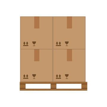 Boxes on wooded pallet vector illustration, flat style warehouse cardboard boxes for parcels stack front view
