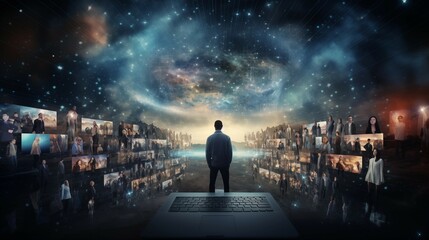 A man standing and staring a big data in the background.
