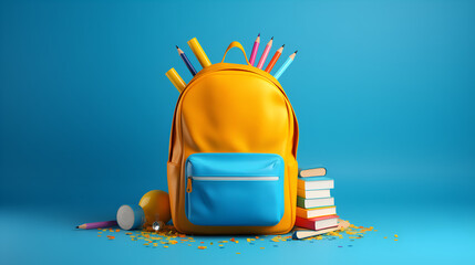 School backpack and stationery, with blue color background - obrazy, fototapety, plakaty