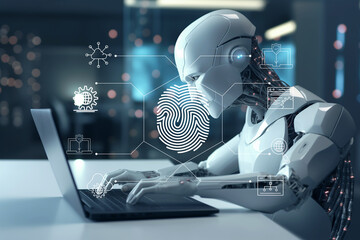 modern AI robot working on cyber security, futuristic digital security technology, artificial intelligence in cyber security, cyber background, tech wallpaper   
