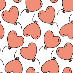 A heart-shaped balloon pattern in retro style. Seamless pattern with flying balloons in the shape of a heart. Texture for printing on Valentine's Day holiday. Pink balls on a white background