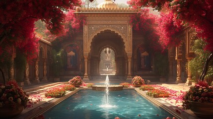 Flower-filled Fountain in a Pink-hued Paradise Generative AI