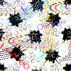 grunge pattern with multi-colored circles, scuff marks, spray