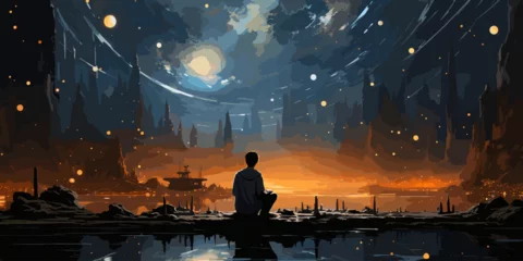 Fotobehang Young man in white looking down at the glowing little planet on the ground, digital art style, illustration painting © Влада Яковенко