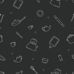 Seamless pattern of Kitchen tools and tableware doodle icon. Vector illustration set of elements cook. Background wallpaper.