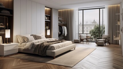 A modern bedroom with an airy window view.
