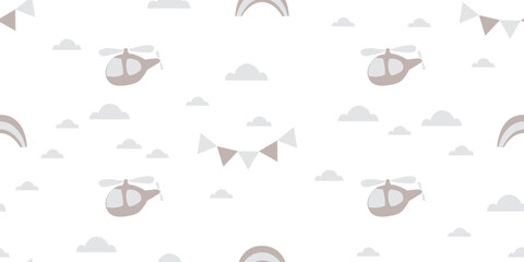 Seamless children's vector pattern in pastel colors for printing on fabric and paper. Stylized helicopters in the clouds on a white background.