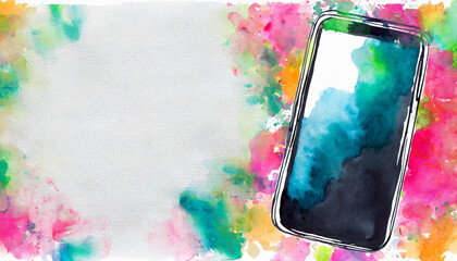 Smartphone icon, watercolor art, canvas background, copy space on a side