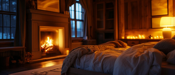 a warm, cozy bedroom with a crackling fire and soft music