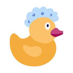 Cute yellow bath duck with a bubble on the head. Handdrawn doodle of duck toy for playing during taking a shower and bathe. Simple funny clipart in cartoon flat style isolated on white