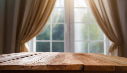 Fototapeta premium Rustic Tranquility: Wooden Tabletop with Half-Curtained Window Blur