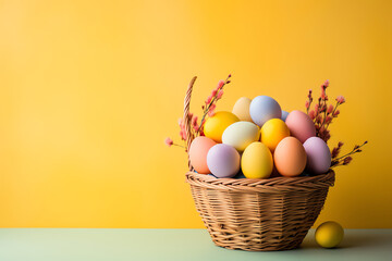 Easter eggs in a classic basket, ideal for festive, joyful designs.