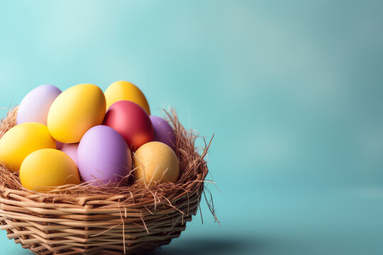 Easter eggs in a classic basket, ideal for festive, joyful designs.