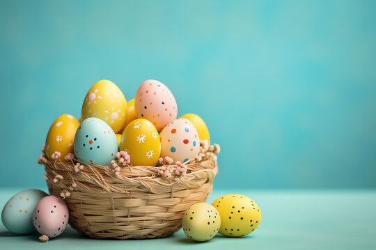 Easter eggs in a classic basket, ideal for festive, joyful designs.