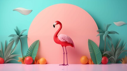 A flamingo standing in front of a pink background with palm trees to the side.