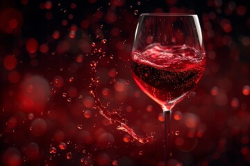 Dynamic splash of red wine in a glass, set against a dark, moody backdrop