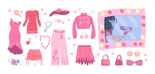 Stylish  pink clothes. Fashion trends. Stylized illustration