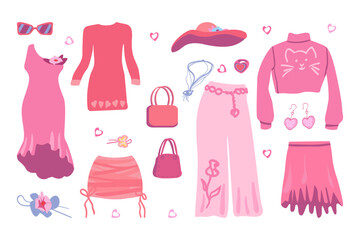 Stylish  pink clothes. Fashion trends. Stylized illustration